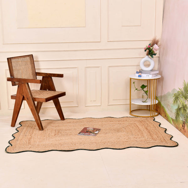 Handwoven Natural Jute Scalloped Area Rug - Handmade Boho Farmhouse Rug