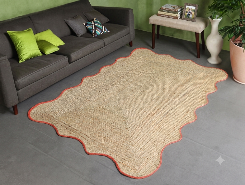 Handmade Scalloped  Jute Area Rug with Terracotta  Red Trim