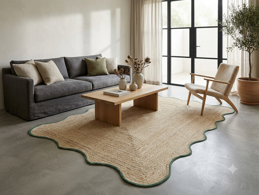 Handcrafted Scalloped Jute Area Rug with Forest Green Trim Natural Braided