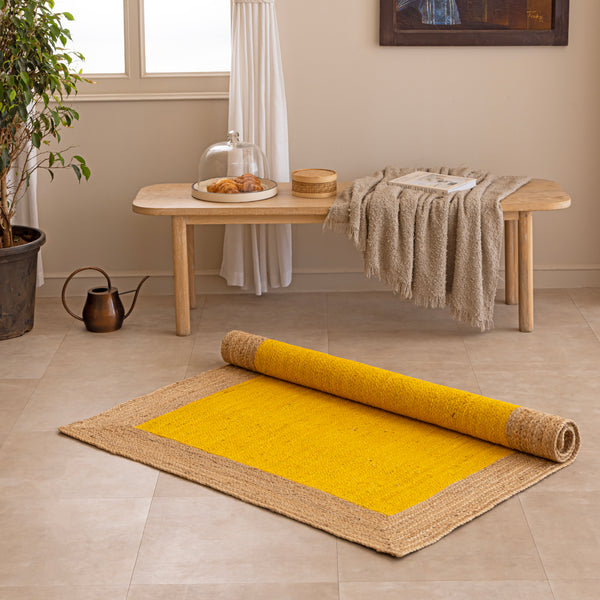 Handmade Yellow Jute Area Rug Braided Natural Fiber Rug Boho Yellow Jute Floor Mat