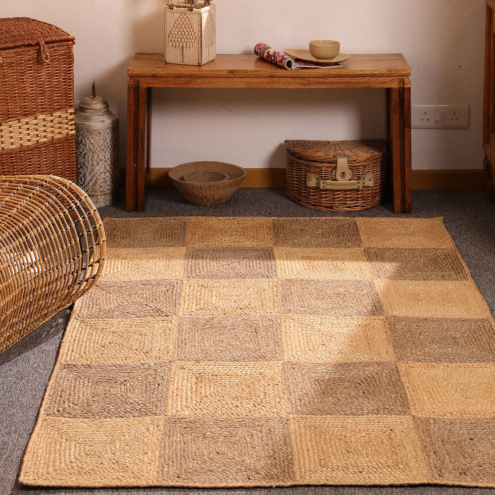 Handwoven Two-Tone Checkerboard Jute Rug Natural Patchwork Area Rug