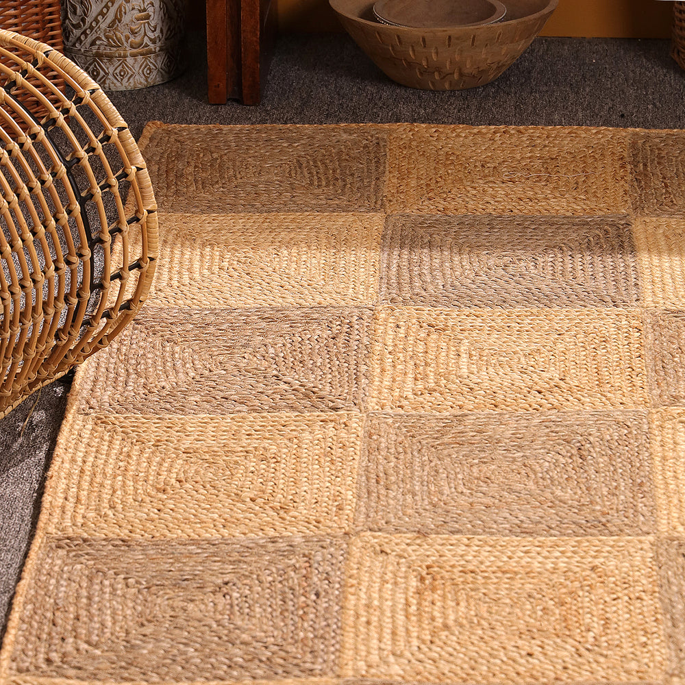 Handwoven Two-Tone Checkerboard Jute Rug Natural Patchwork Area Rug