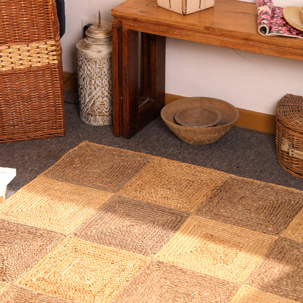 Handwoven Two-Tone Checkerboard Jute Rug Natural Patchwork Area Rug