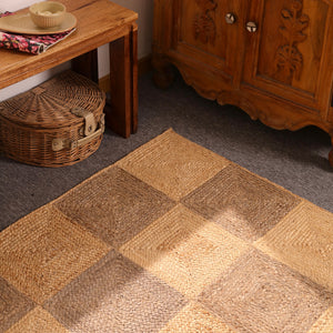 Handwoven Two-Tone Checkerboard Jute Rug Natural Patchwork Area Rug