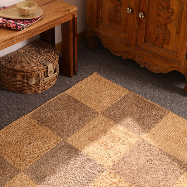 Handwoven Two-Tone Checkerboard Jute Rug Natural Patchwork Area Rug