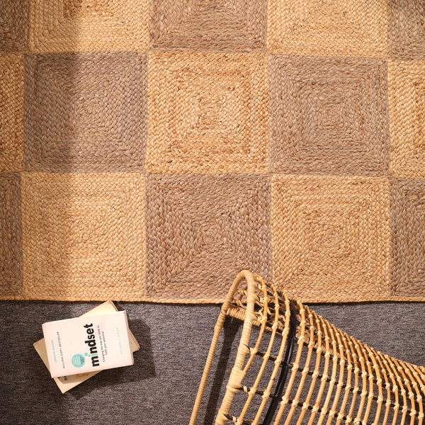 Handwoven Two-Tone Checkerboard Jute Rug Natural Patchwork Area Rug
