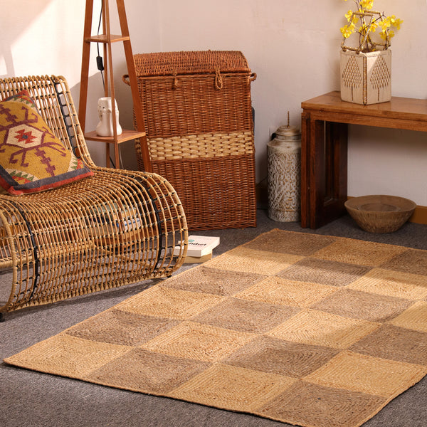 Handwoven Two-Tone Checkerboard Jute Rug Natural Patchwork Area Rug