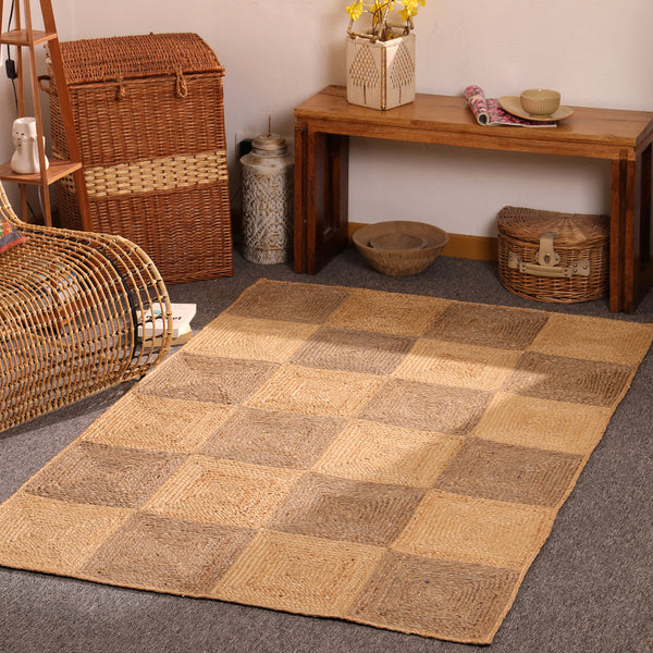 Handwoven Two-Tone Checkerboard Jute Rug Natural Patchwork Area Rug