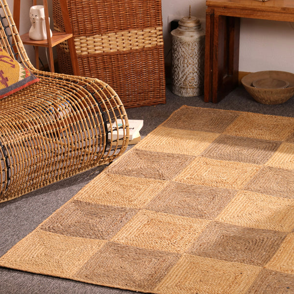 Handwoven Two-Tone Checkerboard Jute Rug Natural Patchwork Area Rug