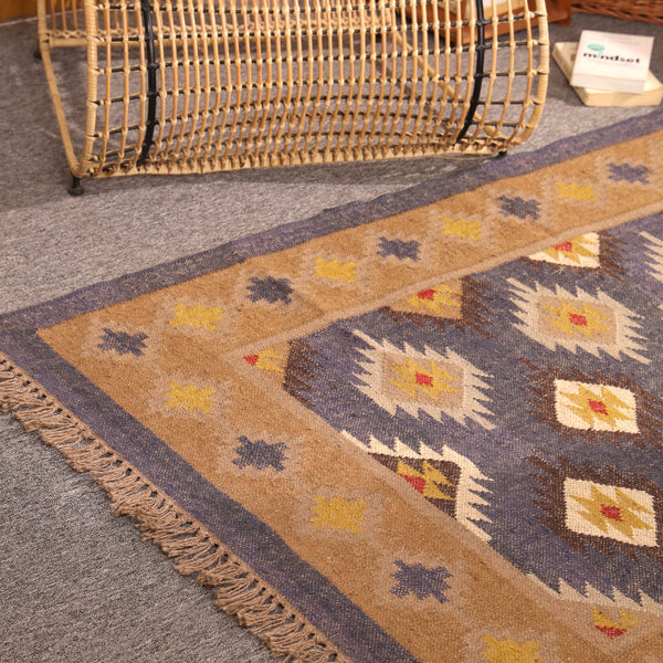 Handwoven Kilim Jute Rug Southwestern Tribal Area Handmade Boho Geometric Carpet