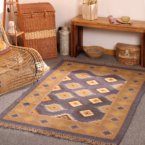 Handwoven Kilim Jute Rug Southwestern Tribal Area Handmade Boho Geometric Carpet