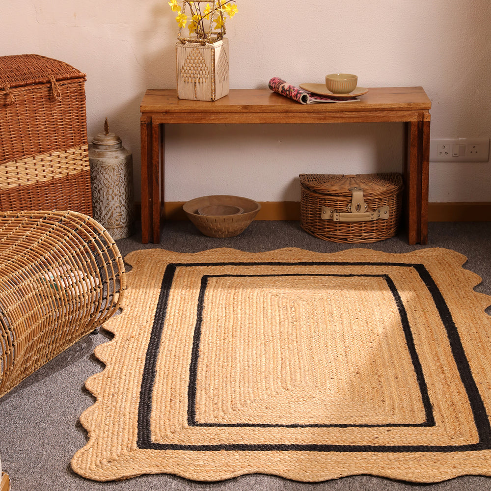 Handwoven Natural Jute Area Rug with Black Border Scalloped Edge Braided Rug