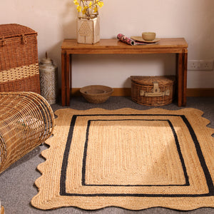Handwoven Natural Jute Area Rug with Black Border Scalloped Edge Braided Rug