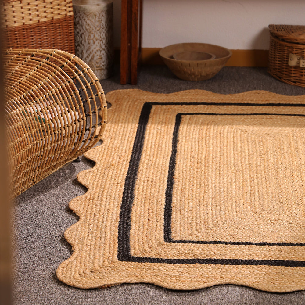 Handwoven Natural Jute Area Rug with Black Border Scalloped Edge Braided Rug