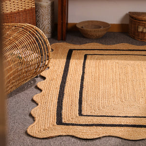 Handwoven Natural Jute Area Rug with Black Border Scalloped Edge Braided Rug