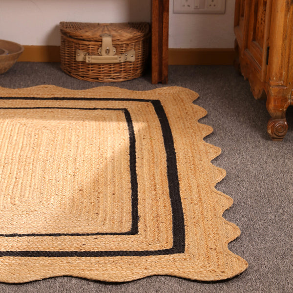 Handwoven Natural Jute Area Rug with Black Border Scalloped Edge Braided Rug