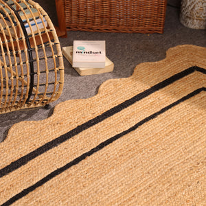 Handwoven Natural Jute Area Rug with Black Border Scalloped Edge Braided Rug