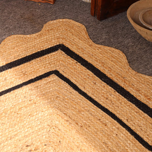 Handwoven Natural Jute Area Rug with Black Border Scalloped Edge Braided Rug