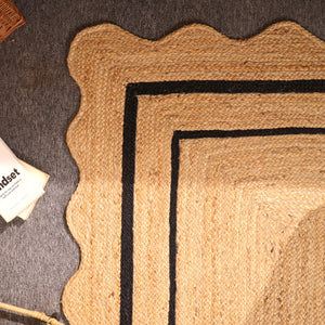 Handwoven Natural Jute Area Rug with Black Border Scalloped Edge Braided Rug