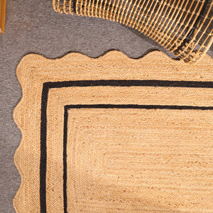 Handwoven Natural Jute Area Rug with Black Border Scalloped Edge Braided Rug