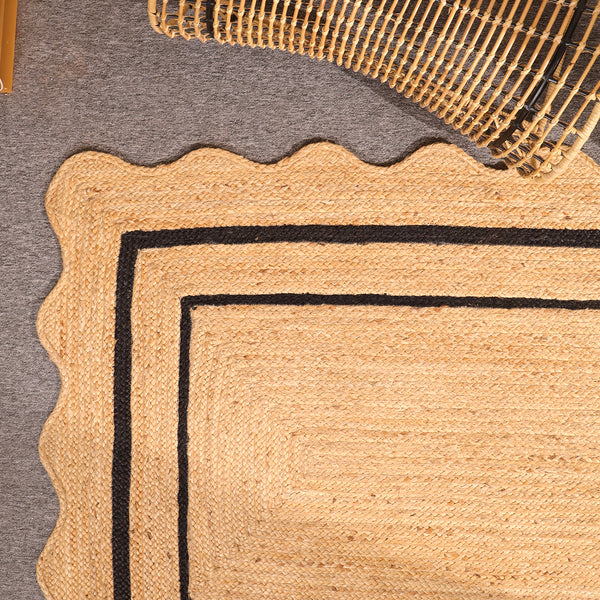 Handwoven Natural Jute Area Rug with Black Border Scalloped Edge Braided Rug