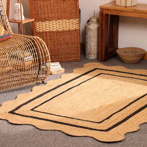 Handwoven Natural Jute Area Rug with Black Border Scalloped Edge Braided Rug
