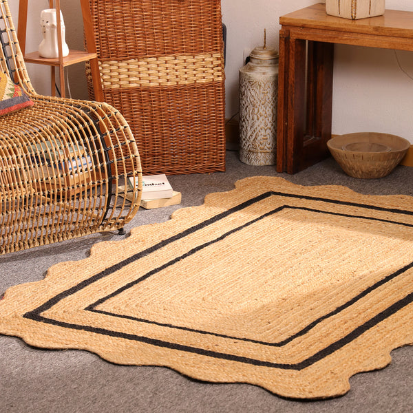 Handwoven Natural Jute Area Rug with Black Border Scalloped Edge Braided Rug