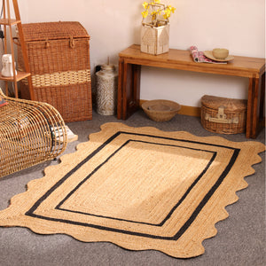 Handwoven Natural Jute Area Rug with Black Border Scalloped Edge Braided Rug
