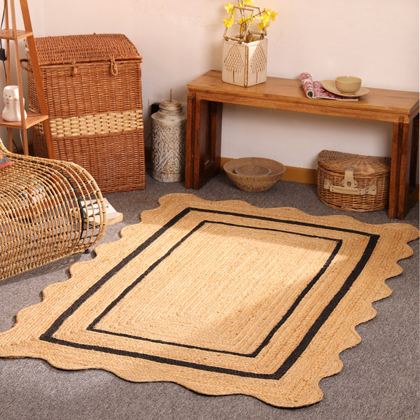 Handwoven Natural Jute Area Rug with Black Border Scalloped Edge Braided Rug