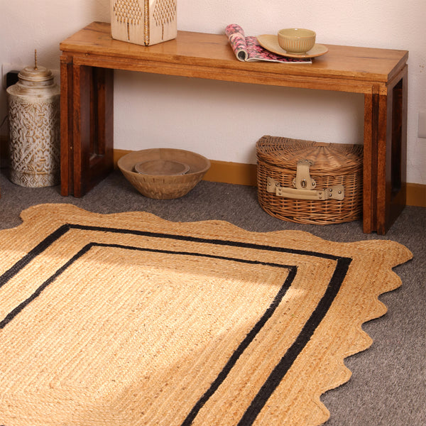 Handwoven Natural Jute Area Rug with Black Border Scalloped Edge Braided Rug