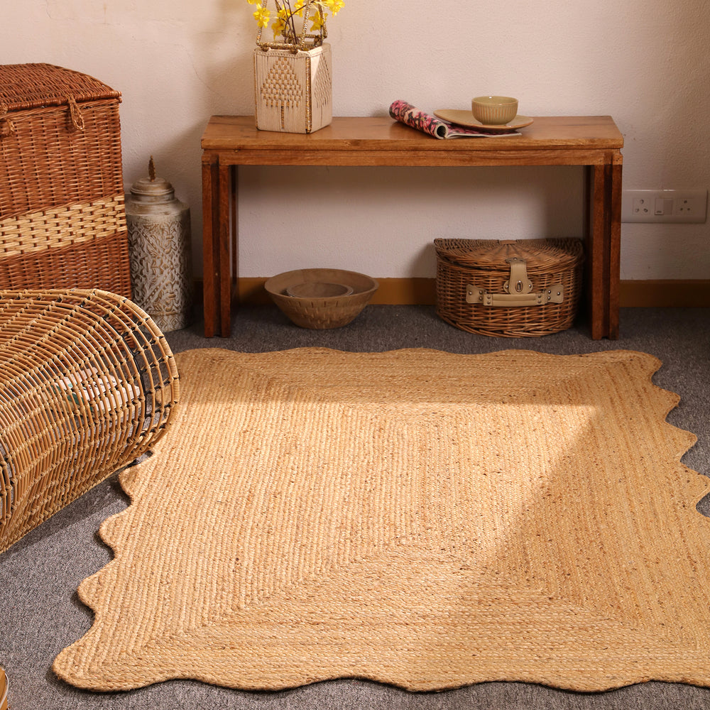 Handwoven Natural Jute Rug Scalloped Edge Braided Area Rug