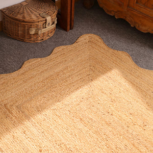 Handwoven Natural Jute Rug Scalloped Edge Braided Area Rug