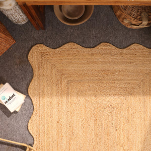 Handwoven Natural Jute Rug Scalloped Edge Braided Area Rug