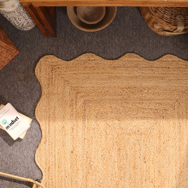 Handwoven Natural Jute Rug Scalloped Edge Braided Area Rug