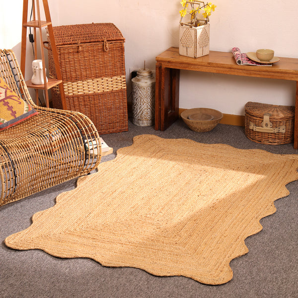 Handwoven Natural Jute Rug Scalloped Edge Braided Area Rug