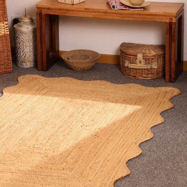 Handwoven Natural Jute Rug Scalloped Edge Braided Area Rug