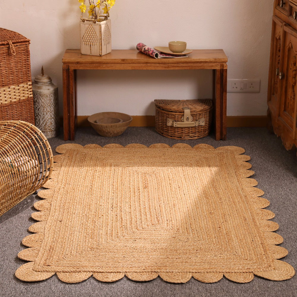 Handwoven Natural Jute Rug with Scalloped Border | Braided Eco-Friendly Area Rug | Handmade Boho Farmhouse Carpet