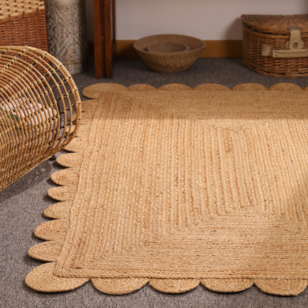 Handwoven Natural Jute Rug with Scalloped Border | Braided Eco-Friendly Area Rug | Handmade Boho Farmhouse Carpet
