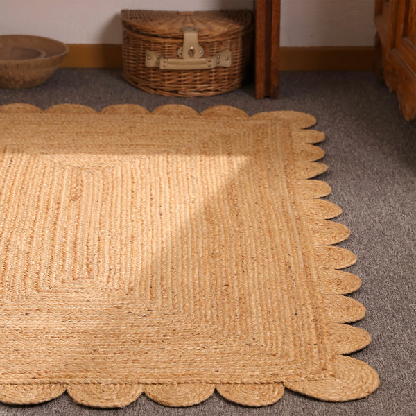 Handwoven Natural Jute Rug with Scalloped Border | Braided Eco-Friendly Area Rug | Handmade Boho Farmhouse Carpet