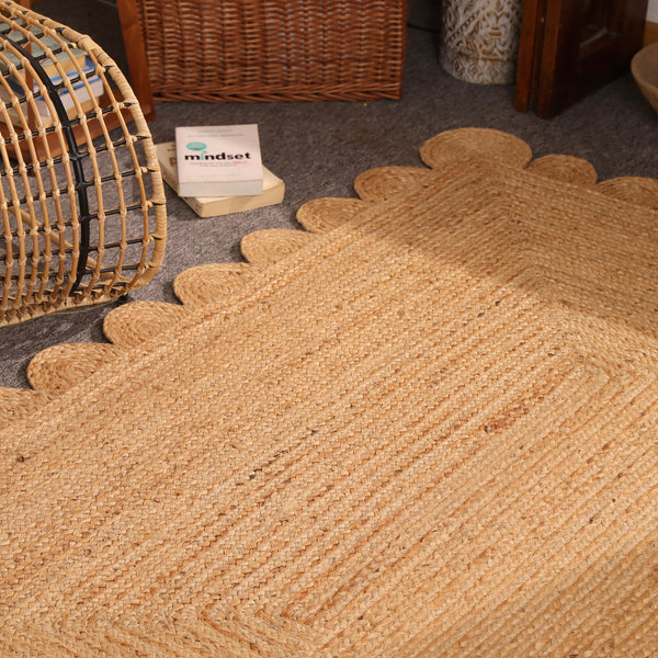 Handwoven Natural Jute Rug with Scalloped Border | Braided Eco-Friendly Area Rug | Handmade Boho Farmhouse Carpet