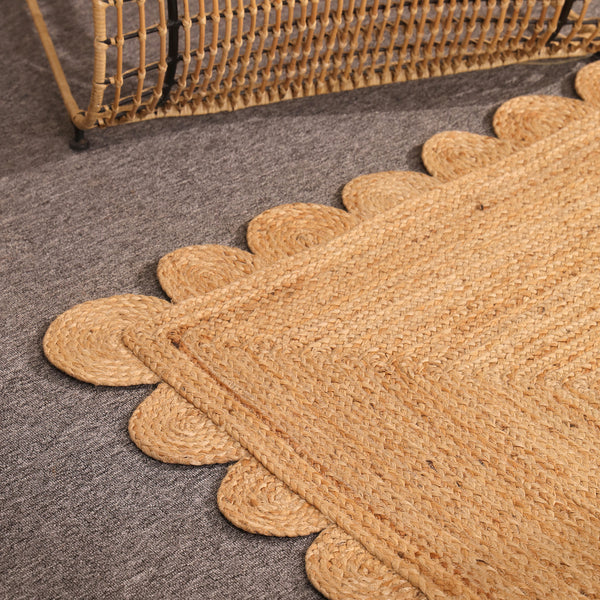 Handwoven Natural Jute Rug with Scalloped Border | Braided Eco-Friendly Area Rug | Handmade Boho Farmhouse Carpet
