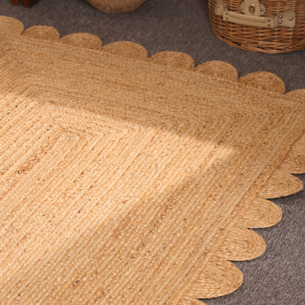 Handwoven Natural Jute Rug with Scalloped Border | Braided Eco-Friendly Area Rug | Handmade Boho Farmhouse Carpet