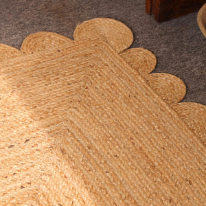 Handwoven Natural Jute Rug with Scalloped Border | Braided Eco-Friendly Area Rug | Handmade Boho Farmhouse Carpet