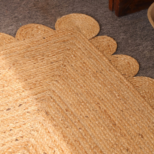 Handwoven Natural Jute Rug with Scalloped Border | Braided Eco-Friendly Area Rug | Handmade Boho Farmhouse Carpet