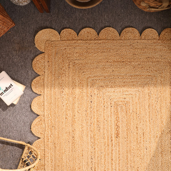 Handwoven Natural Jute Rug with Scalloped Border | Braided Eco-Friendly Area Rug | Handmade Boho Farmhouse Carpet