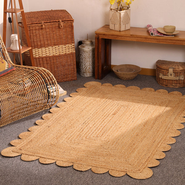 Handwoven Natural Jute Rug with Scalloped Border | Braided Eco-Friendly Area Rug | Handmade Boho Farmhouse Carpet
