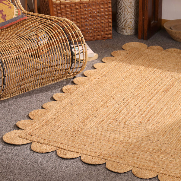 Handwoven Natural Jute Rug with Scalloped Border | Braided Eco-Friendly Area Rug | Handmade Boho Farmhouse Carpet