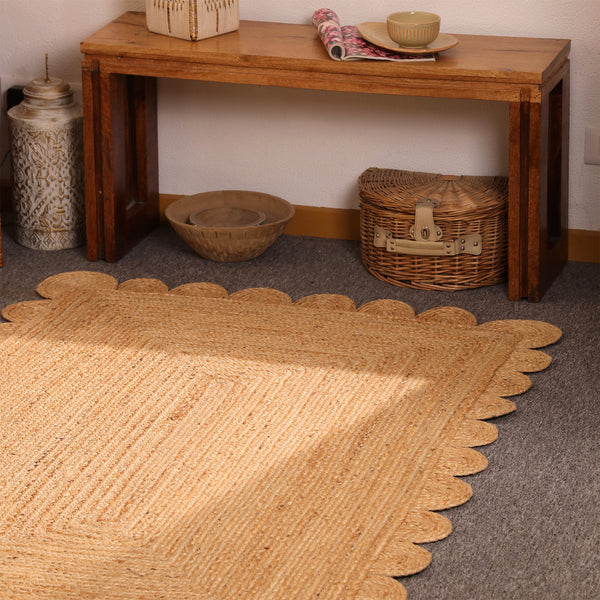 Handwoven Natural Jute Rug with Scalloped Border | Braided Eco-Friendly Area Rug | Handmade Boho Farmhouse Carpet