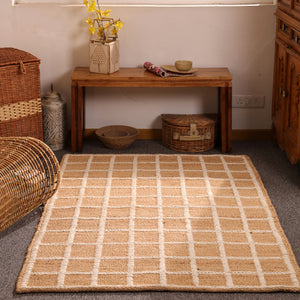 Handwoven Natural Jute Rug with White Grid Pattern | Eco-Friendly Checkered Area Rug | Handmade Boho Farmhouse Carpet