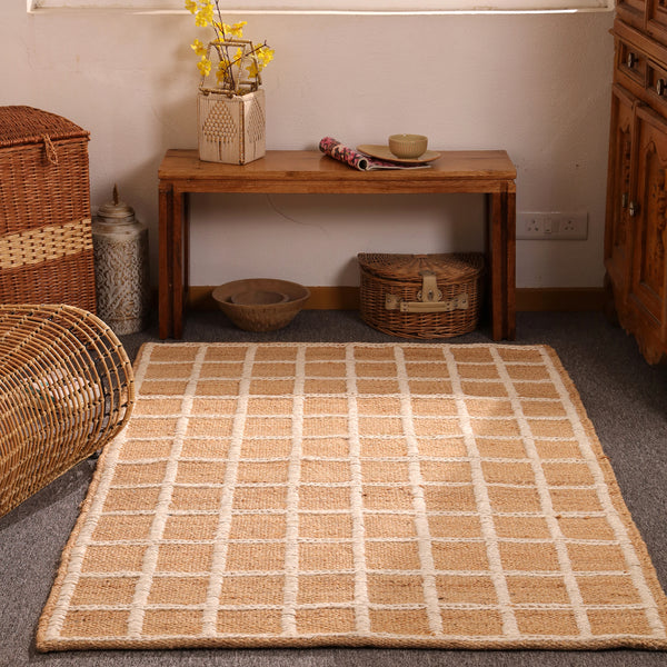 Handwoven Natural Jute Rug with White Grid Pattern | Eco-Friendly Checkered Area Rug | Handmade Boho Farmhouse Carpet